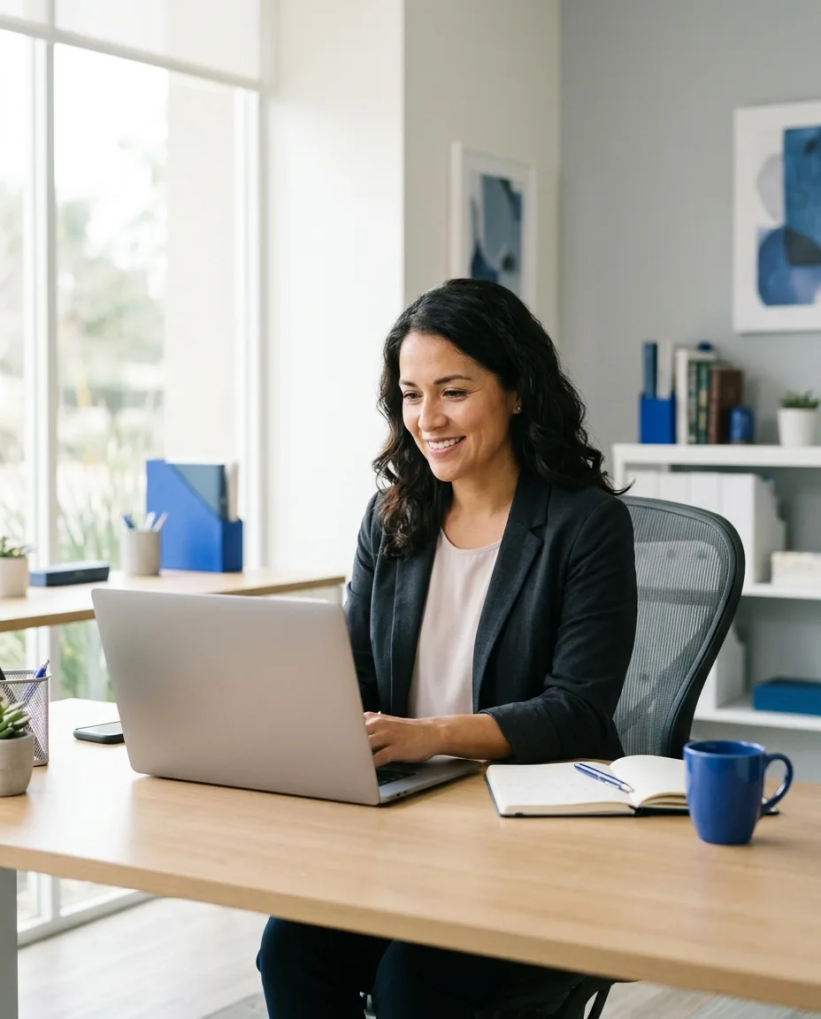 Profesional en su escritorio usando la IA en su laptop para organizar su trabajo