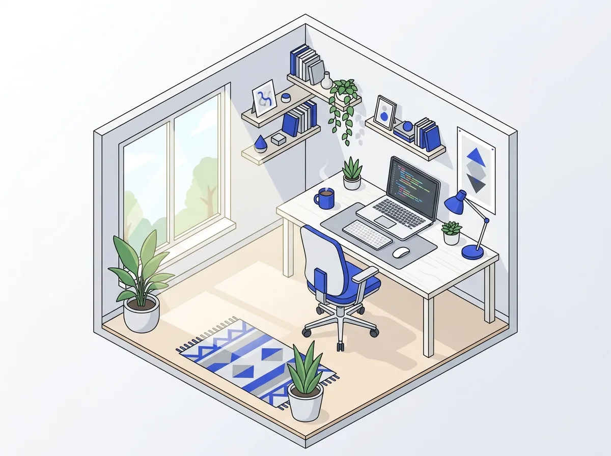 Ilustración isométrica de un estudio de programación luminoso