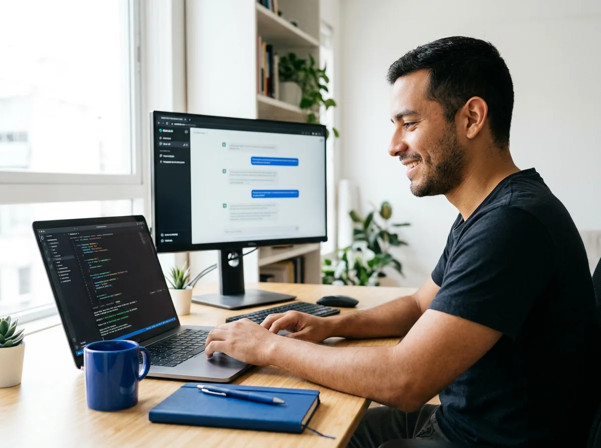 Desarrollador trabajando en su app con IA en un escritorio luminoso