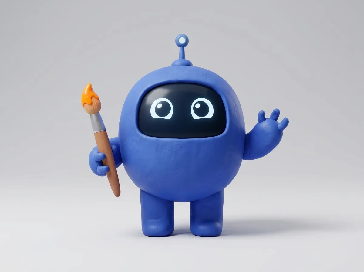 Robot azul amigable sosteniendo un pincel, estilo 3D de arcilla