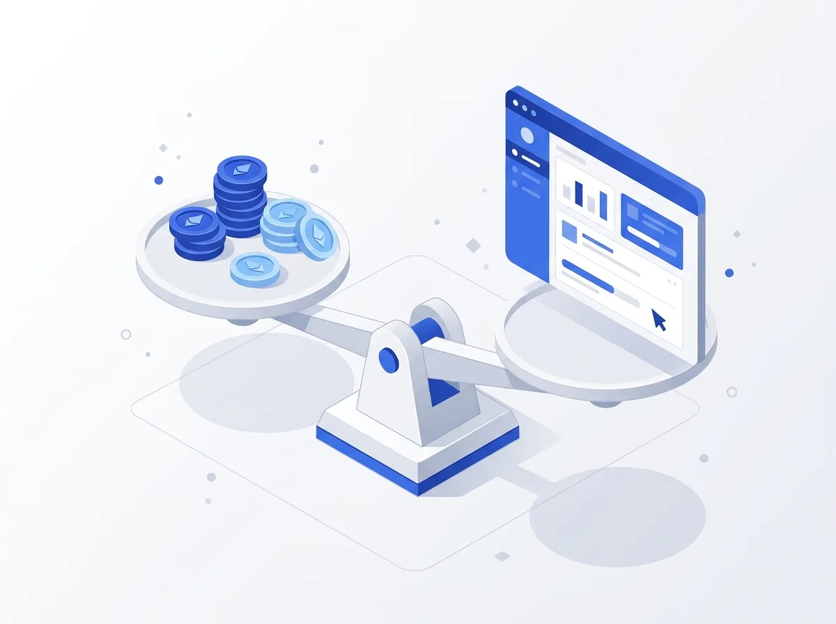 Ilustración de una balanza entre fichas de tokens y una app funcionando