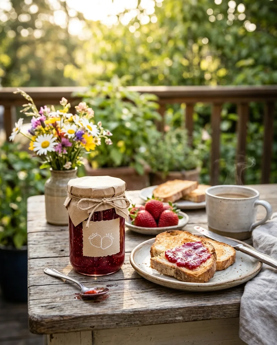 Frasco de mermelada de fresa en una mesa de desayuno al aire libre