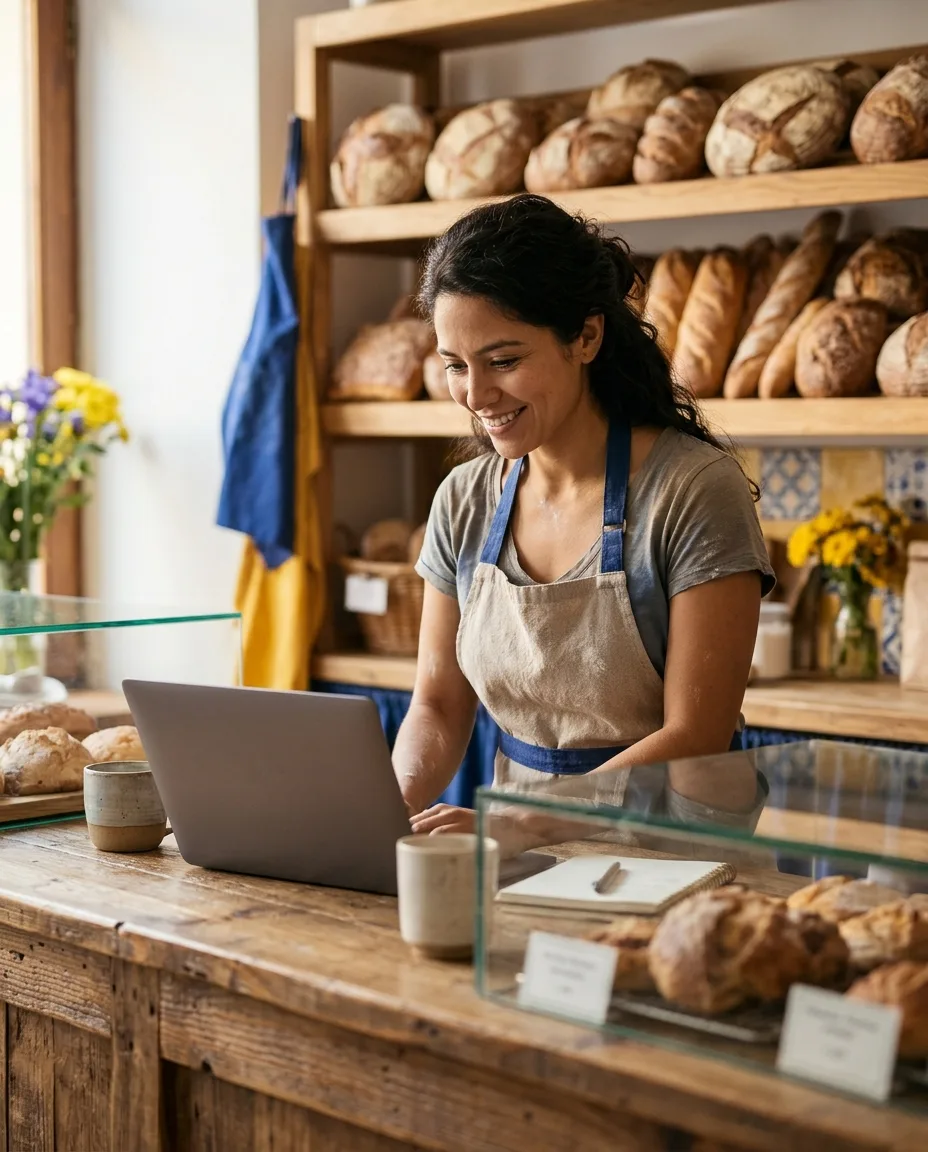 Emprendedora en el mostrador de su panadería trabajando en su laptop