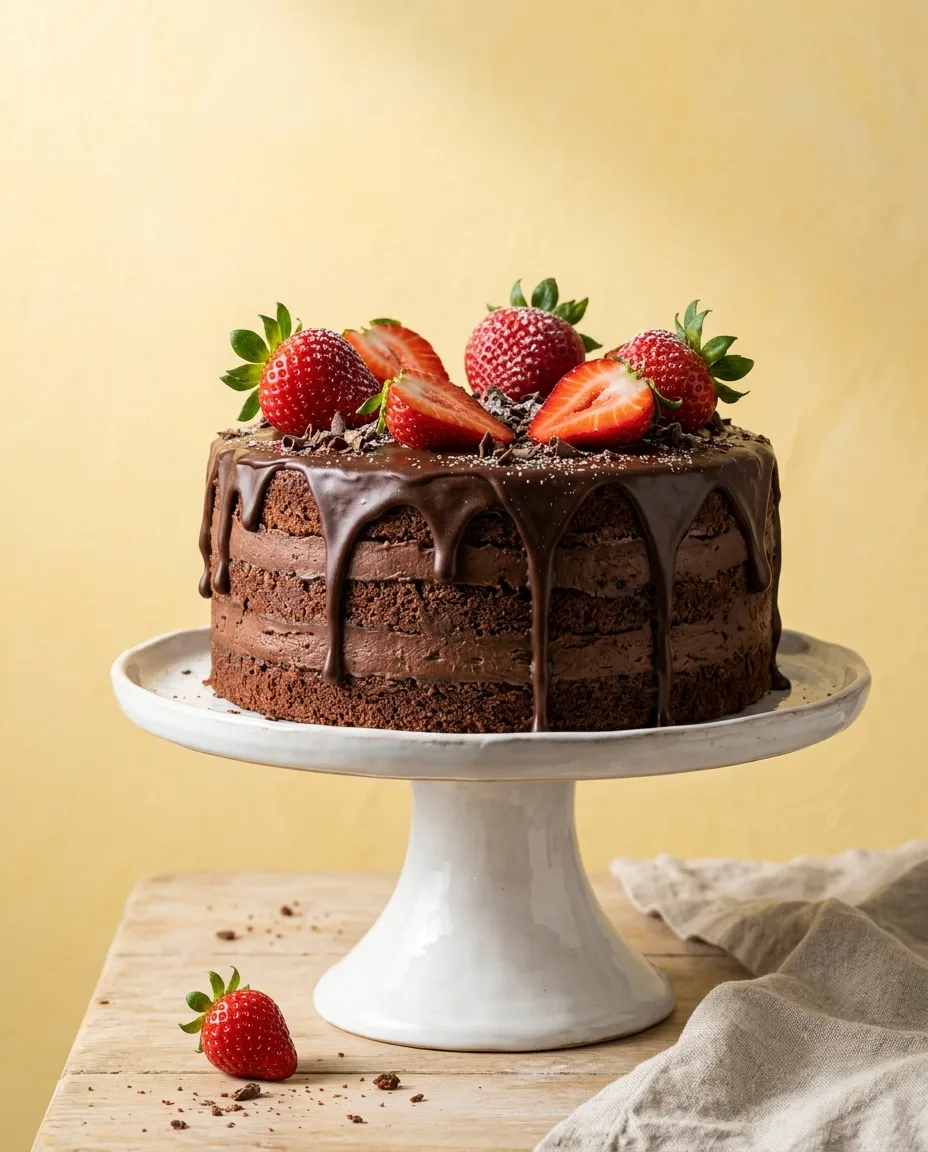 Pastel de chocolate con fresas sobre pedestal blanco y fondo amarillo