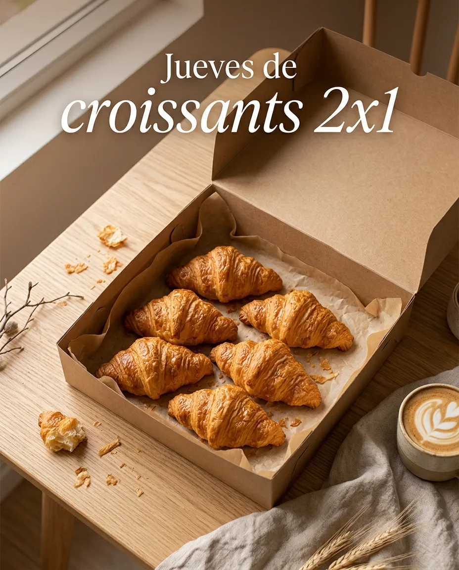 Caja kraft con seis croissants y el texto Jueves de croissants 2x1